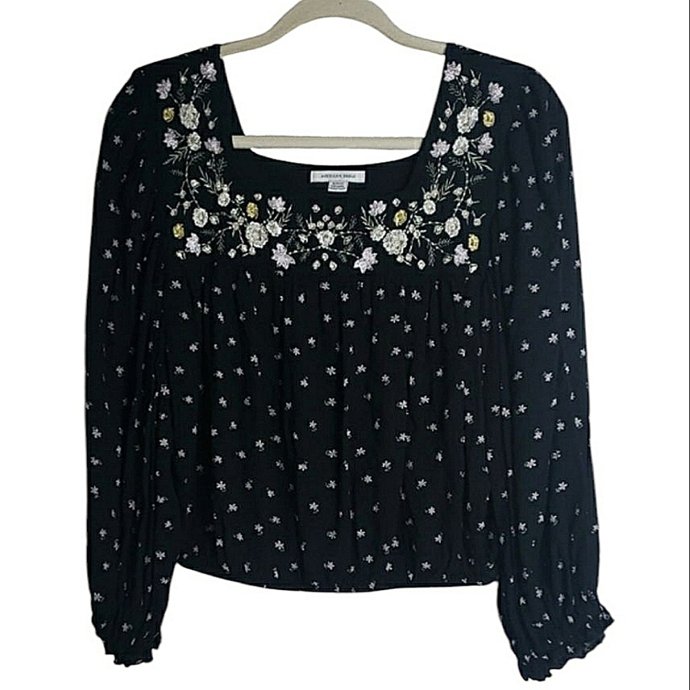 AEO Embroidered Floral Blouse Square Neckline Long Balloon Sleeves Navy White